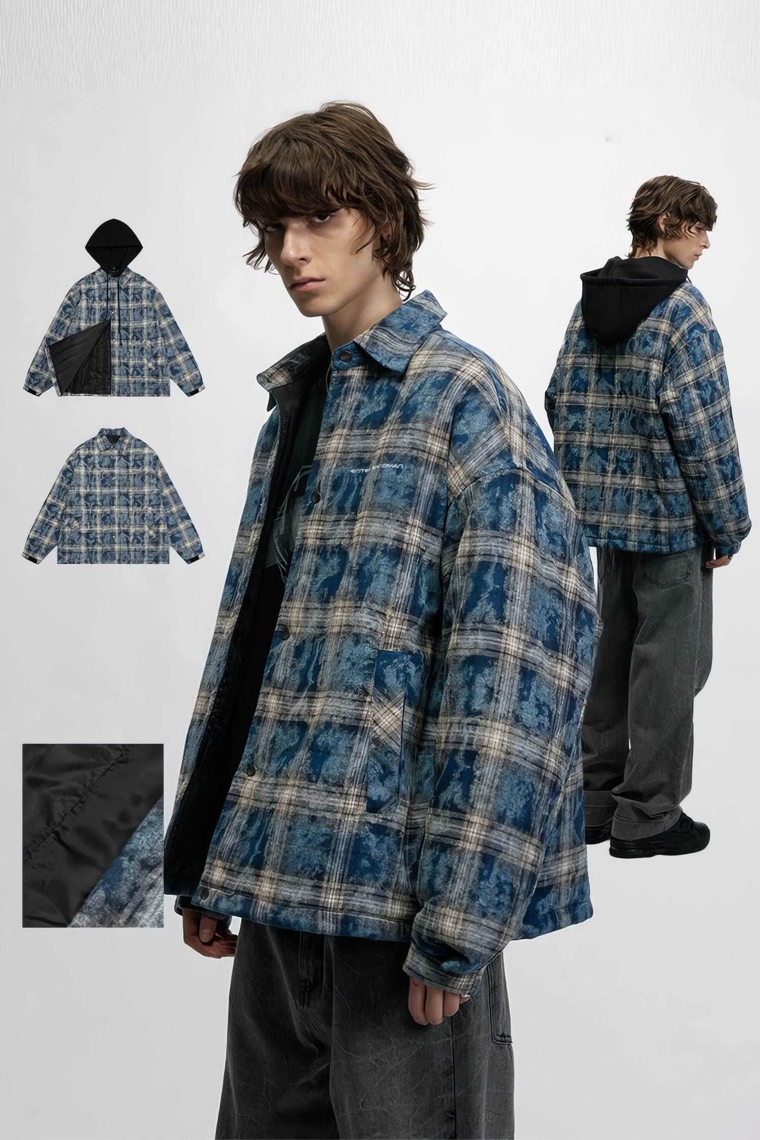 American Streetwear Hip-Hop Plaid Hoodie Jacket – Removable Hood, Cotton Lined - 5SION