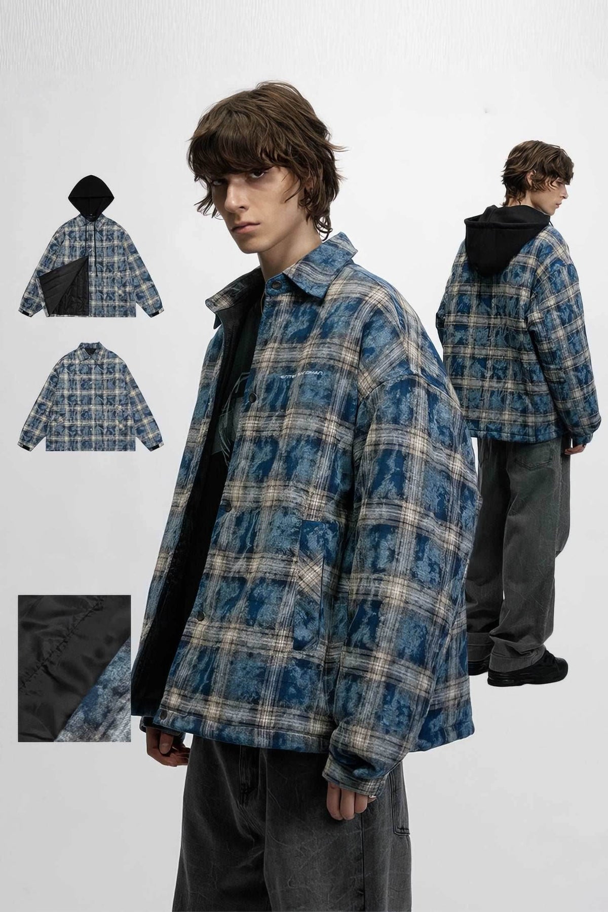 American Streetwear Hip-Hop Plaid Hoodie Jacket – Removable Hood, Cotton Lined - 5SION