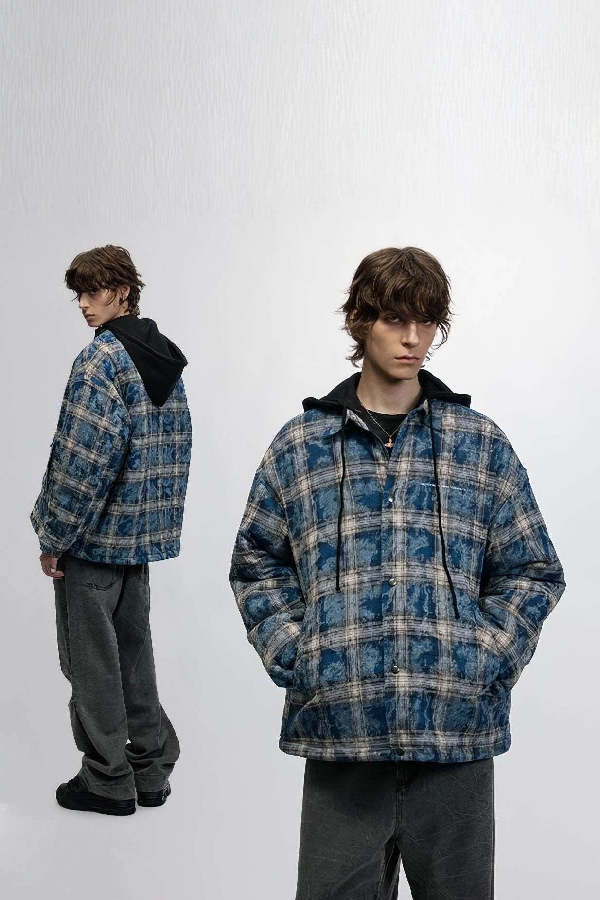 American Streetwear Hip-Hop Plaid Hoodie Jacket – Removable Hood, Cotton Lined - 5SION
