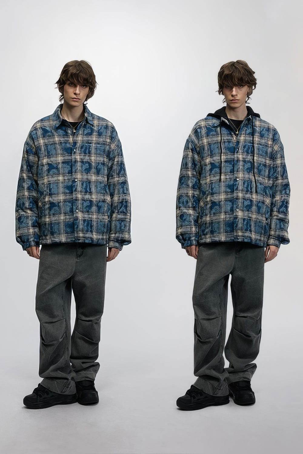 American Streetwear Hip-Hop Plaid Hoodie Jacket – Removable Hood, Cotton Lined - 5SION
