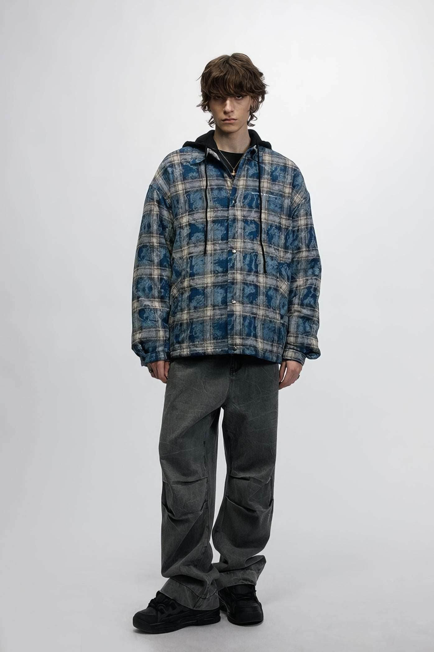 American Streetwear Hip-Hop Plaid Hoodie Jacket – Removable Hood, Cotton Lined - 5SION