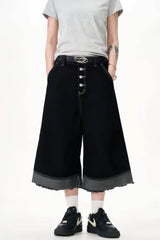 Button-Fly Cropped Jeans - Streetwear Washed Wide Leg Pants - 5SION
