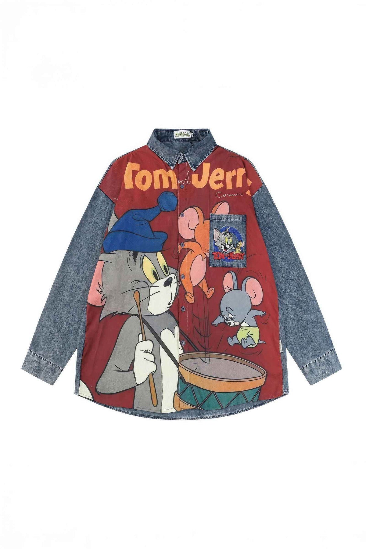 Corduroy & Denim Cartoon Patch Shirt - Unisex Oversized Street Style - 5SION
