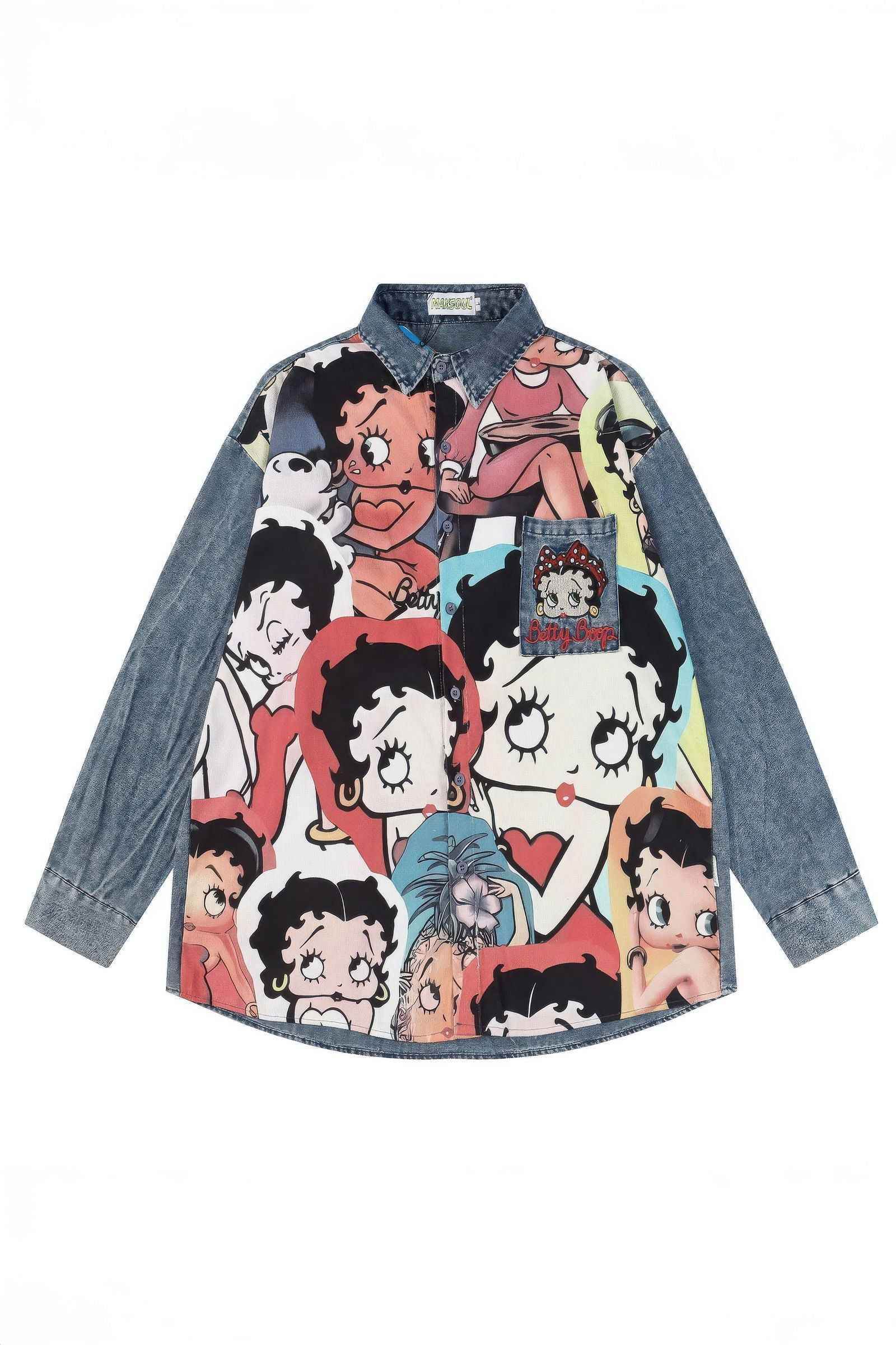 Corduroy & Denim Cartoon Patch Shirt - Unisex Oversized Street Style - 5SION