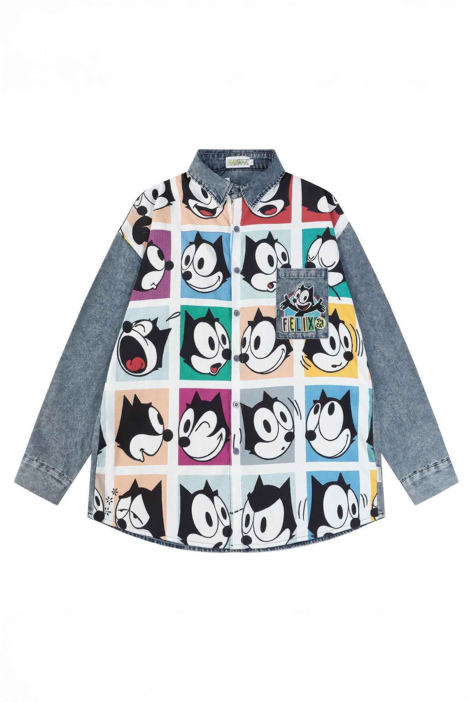 Corduroy & Denim Cartoon Patch Shirt - Unisex Oversized Street Style - 5SION