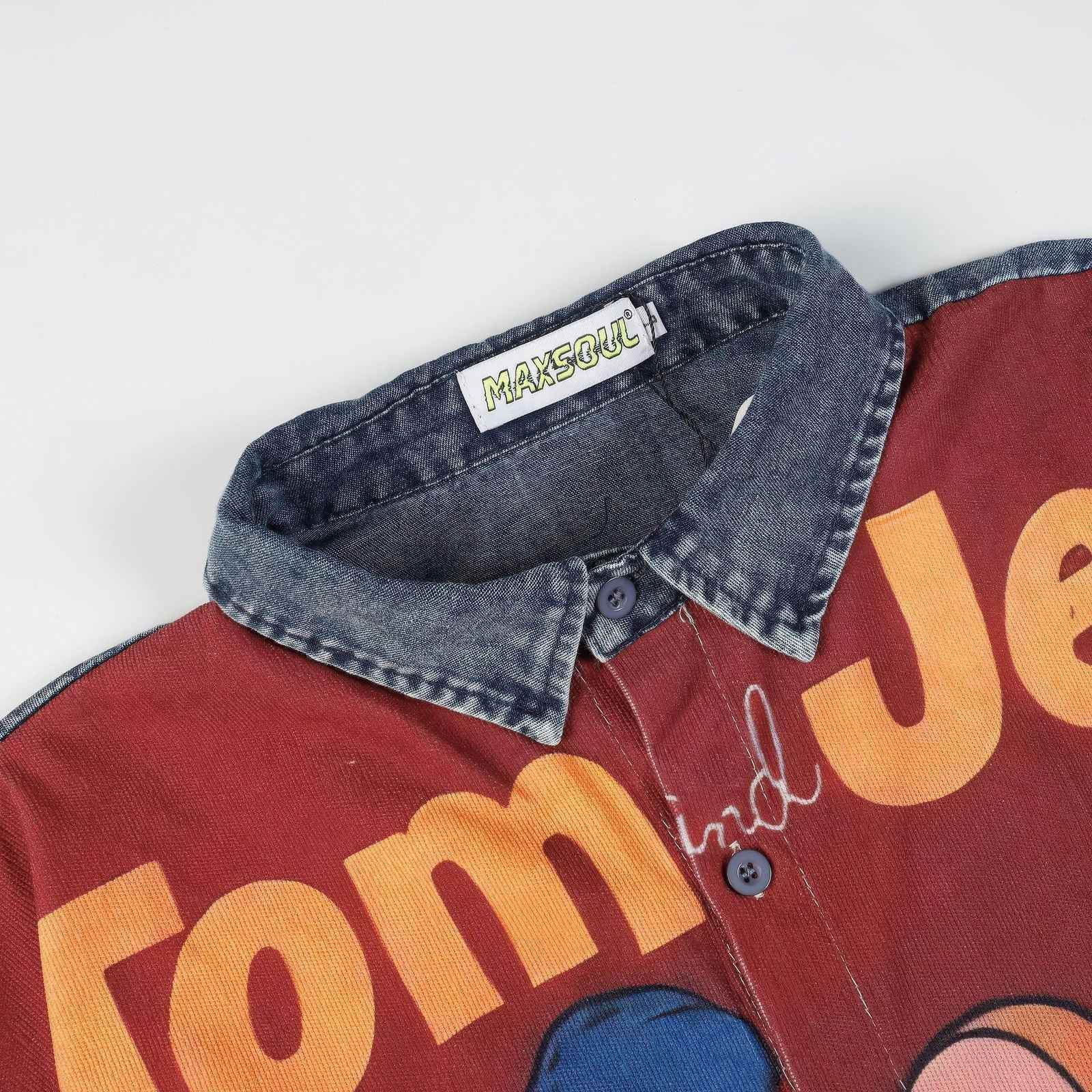 Corduroy & Denim Cartoon Patch Shirt - Unisex Oversized Street Style - 5SION