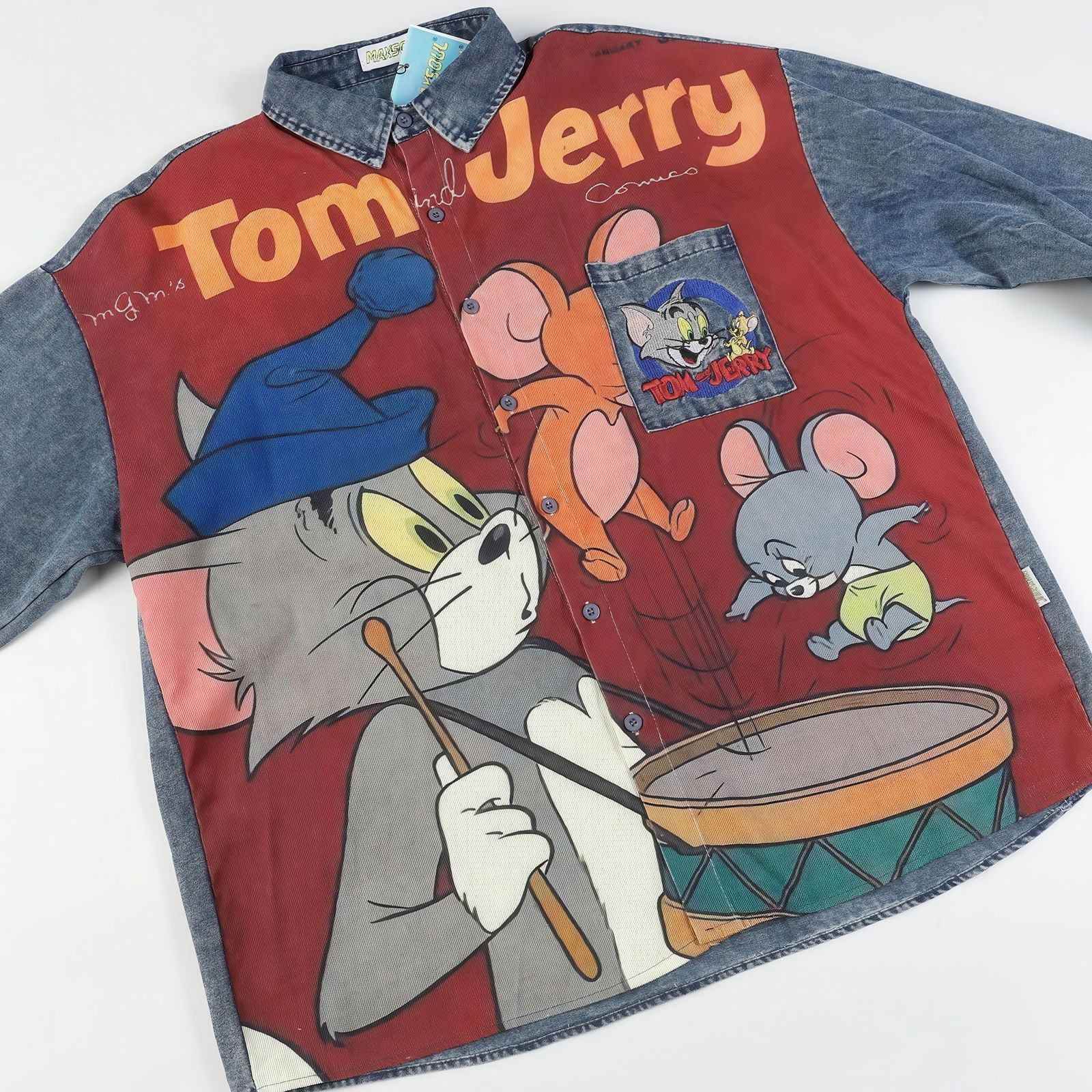 Corduroy & Denim Cartoon Patch Shirt - Unisex Oversized Street Style - 5SION
