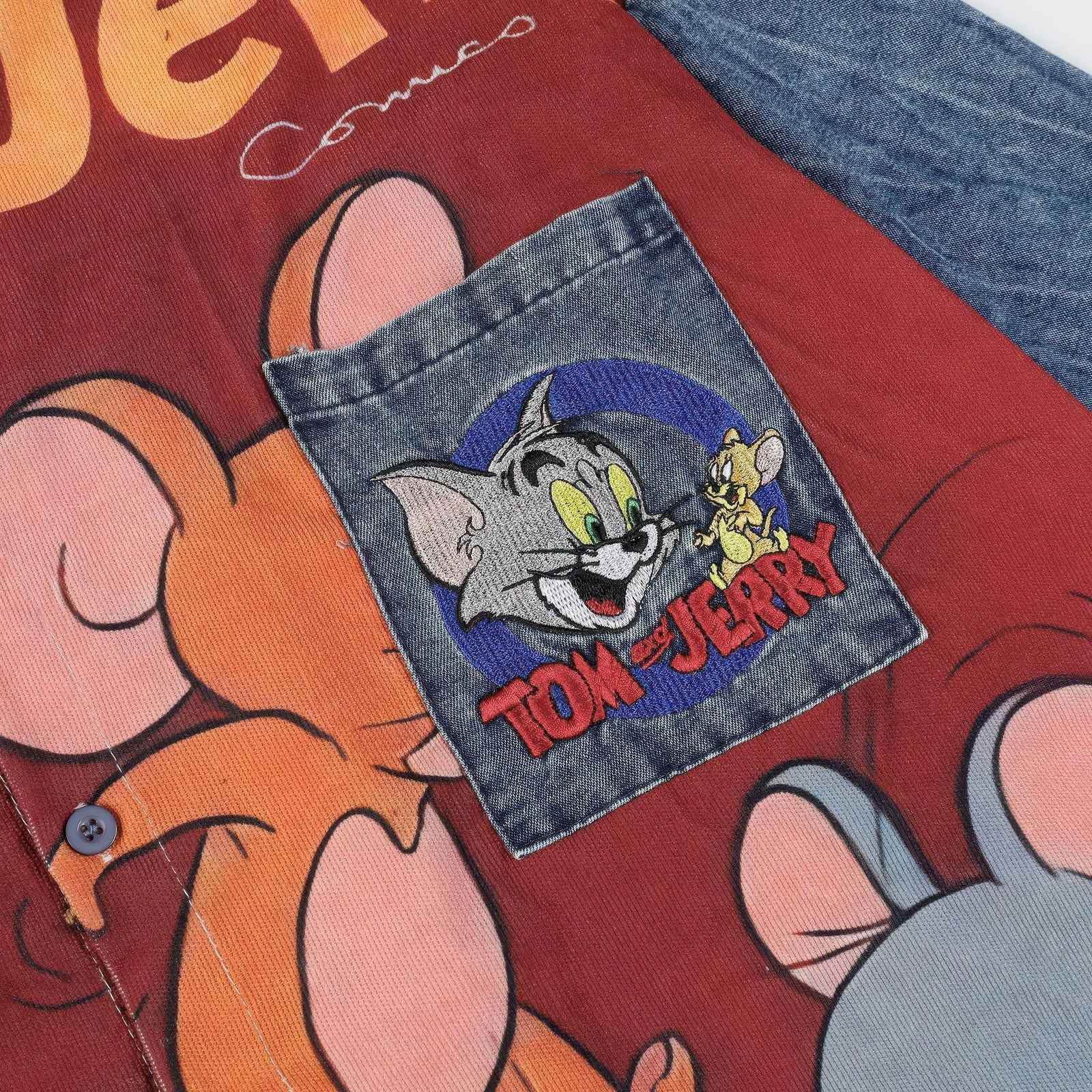 Corduroy & Denim Cartoon Patch Shirt - Unisex Oversized Street Style - 5SION