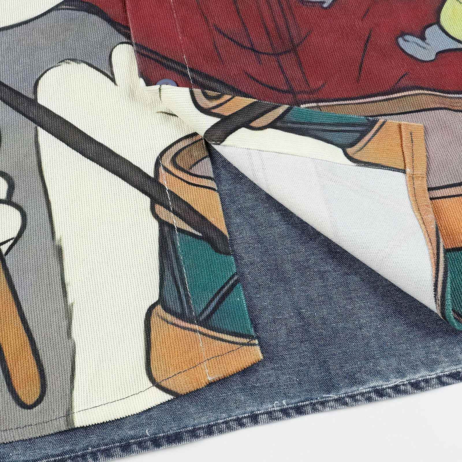 Corduroy & Denim Cartoon Patch Shirt - Unisex Oversized Street Style - 5SION