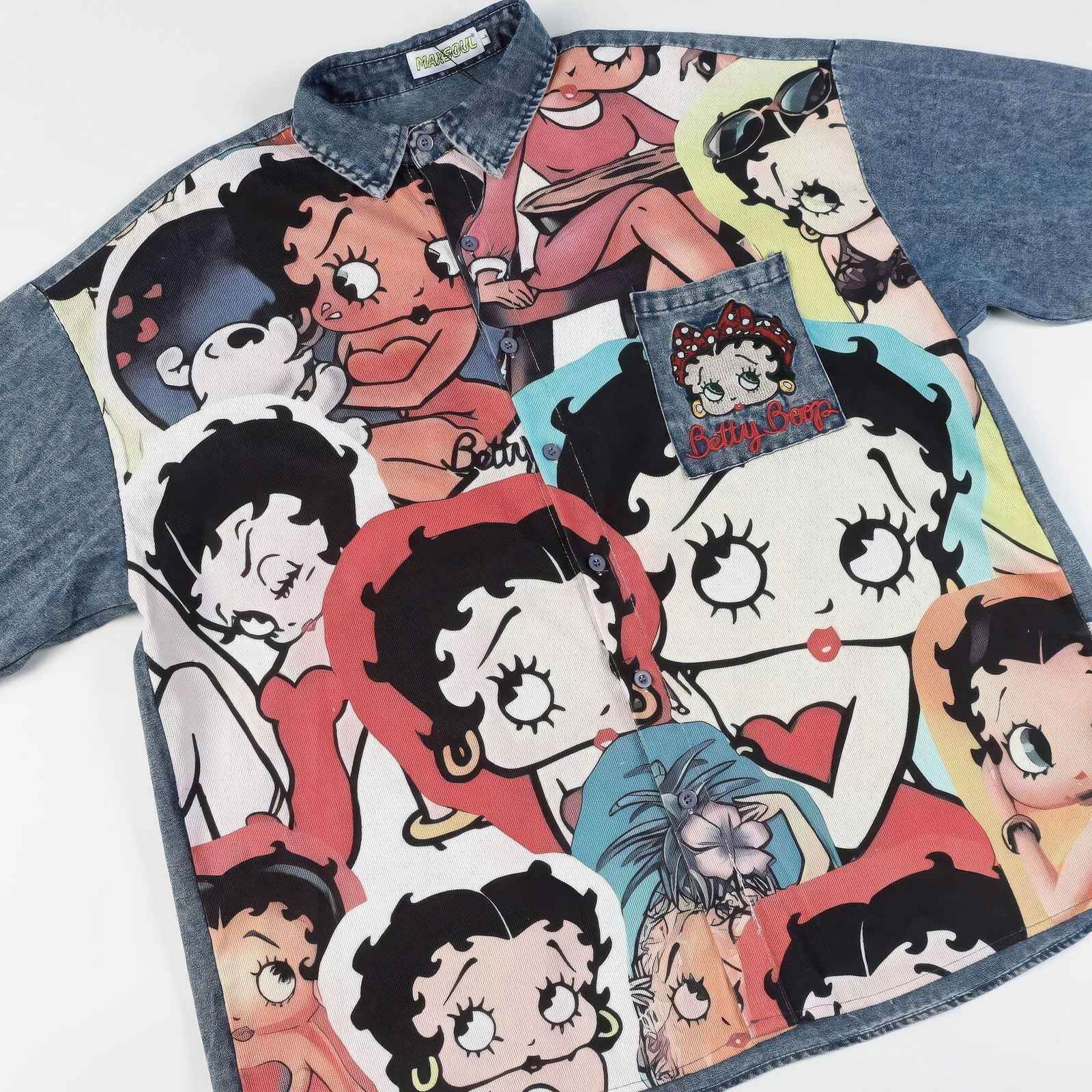 Corduroy & Denim Cartoon Patch Shirt - Unisex Oversized Street Style - 5SION
