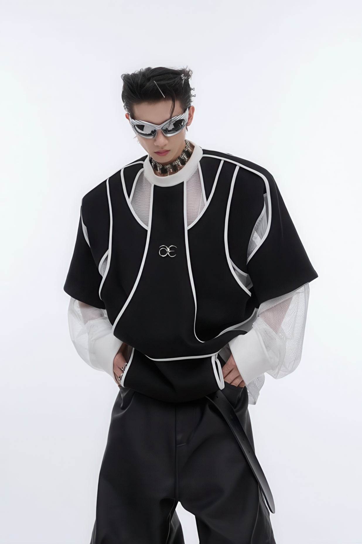 Deconstructed Split Hoodie - Heavyweight Metal Trim with Shoulder Pads - 5SION