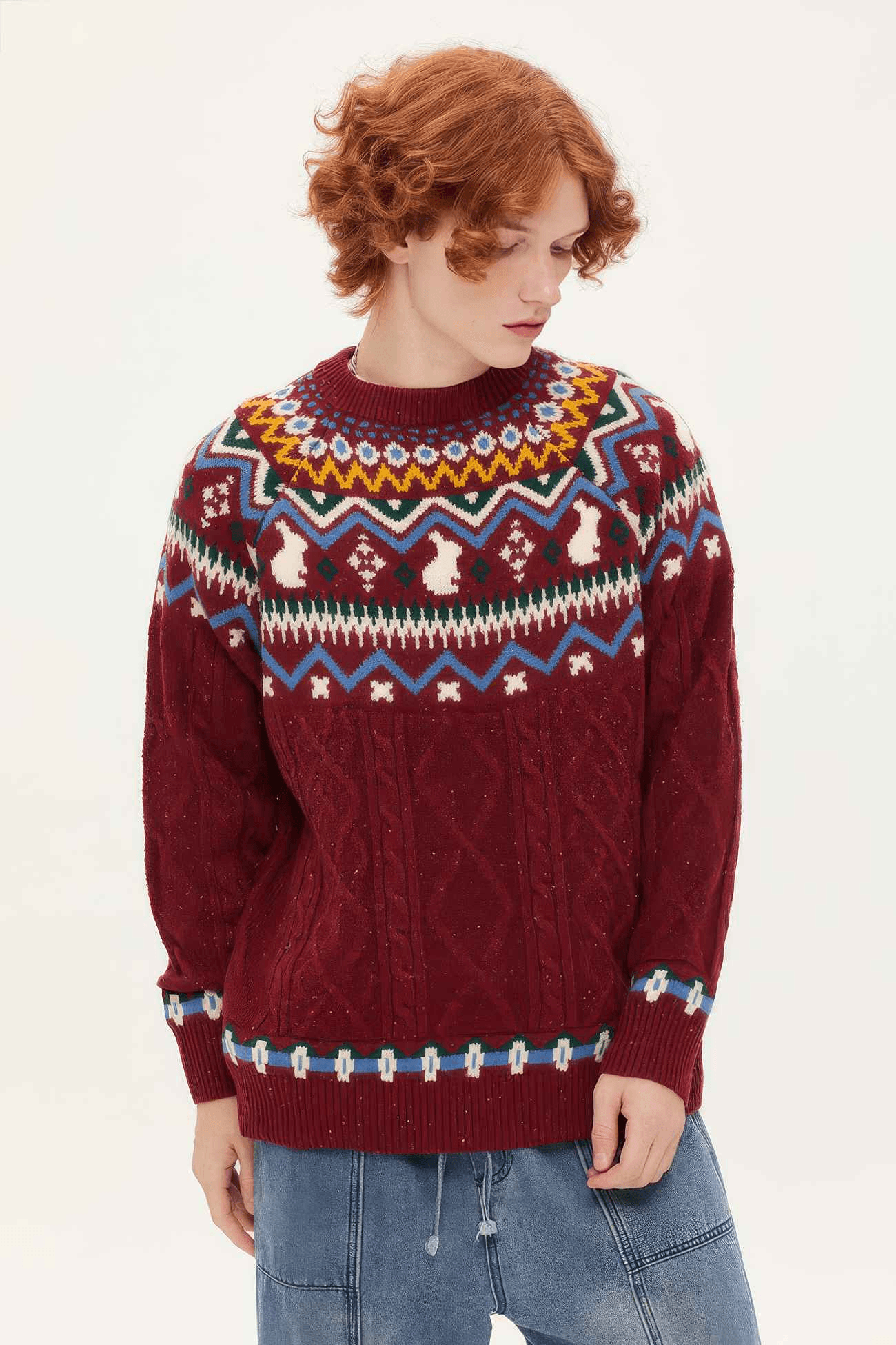 Fair Isle Red Holiday Knit Sweater - Cozy Oversized Pullover for Festive Vibes - 5SION