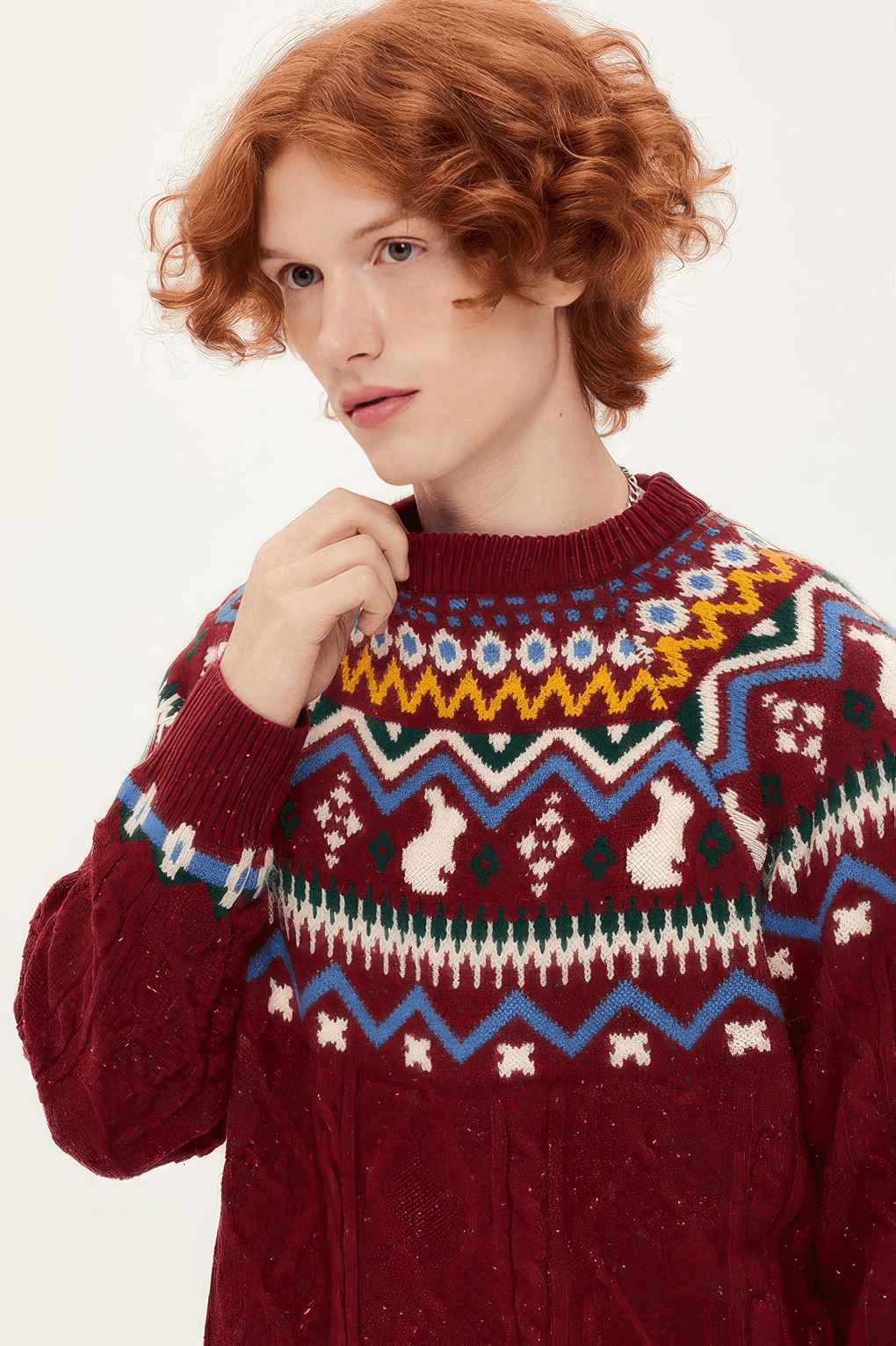 Fair Isle Red Holiday Knit Sweater - Cozy Oversized Pullover for Festive Vibes - 5SION