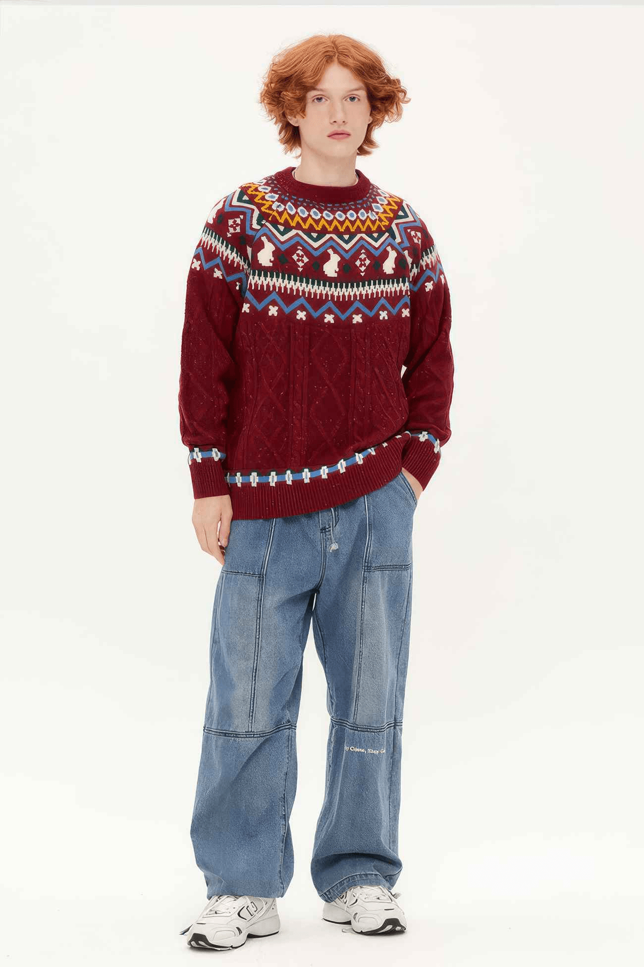 Fair Isle Red Holiday Knit Sweater - Cozy Oversized Pullover for Festive Vibes - 5SION