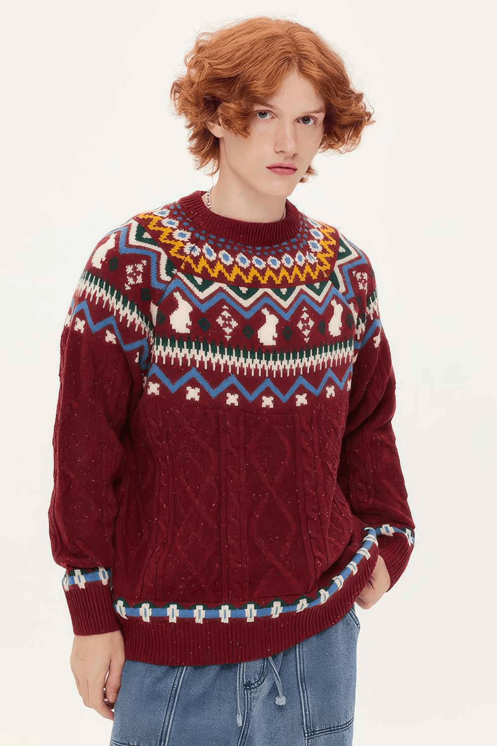 Fair Isle Red Holiday Knit Sweater - Cozy Oversized Pullover for Festive Vibes - 5SION