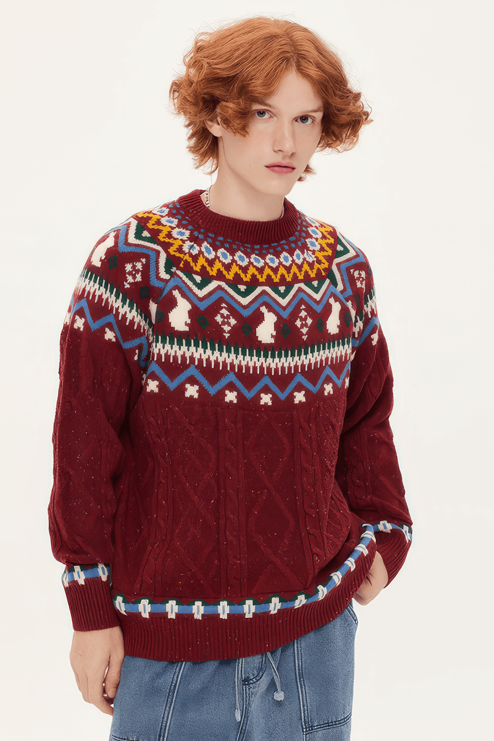 Fair Isle Red Holiday Knit Sweater - Cozy Oversized Pullover for Festive Vibes - 5SION
