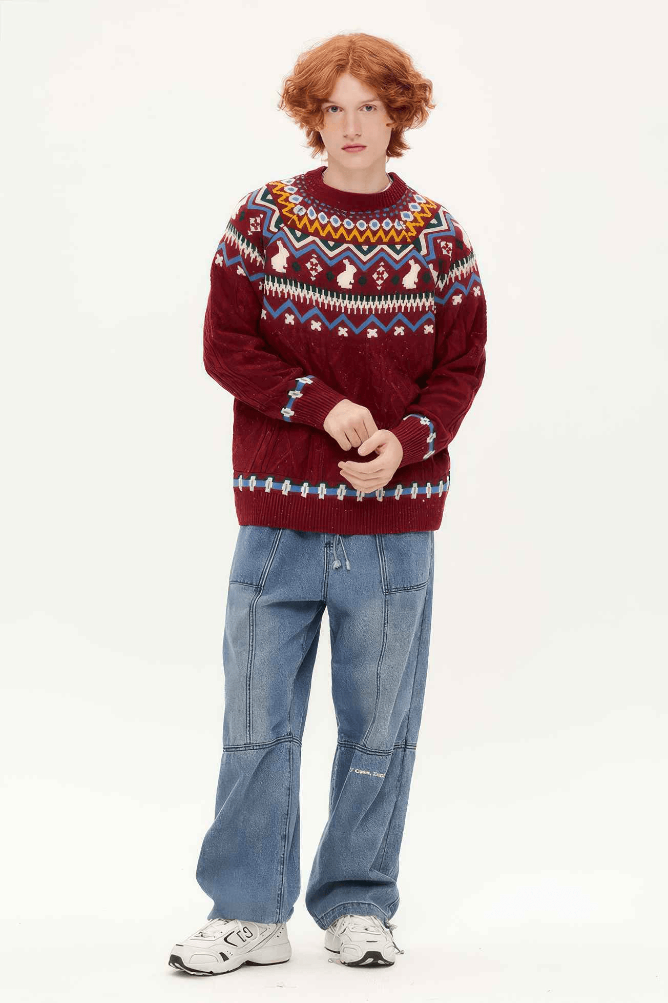 Fair Isle Red Holiday Knit Sweater - Cozy Oversized Pullover for Festive Vibes - 5SION