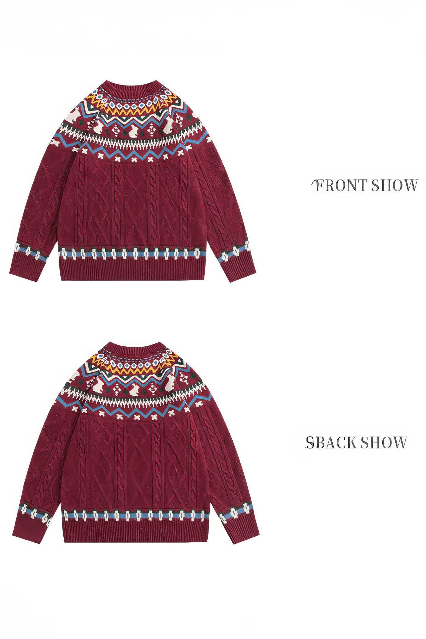 Fair Isle Red Holiday Knit Sweater - Cozy Oversized Pullover for Festive Vibes - 5SION