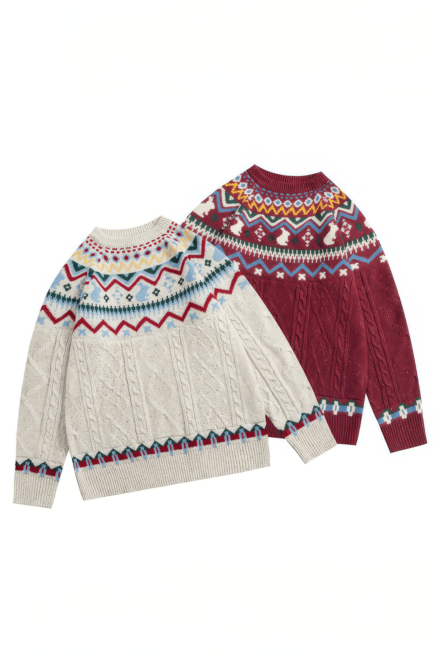 Fair Isle Red Holiday Knit Sweater - Cozy Oversized Pullover for Festive Vibes - 5SION