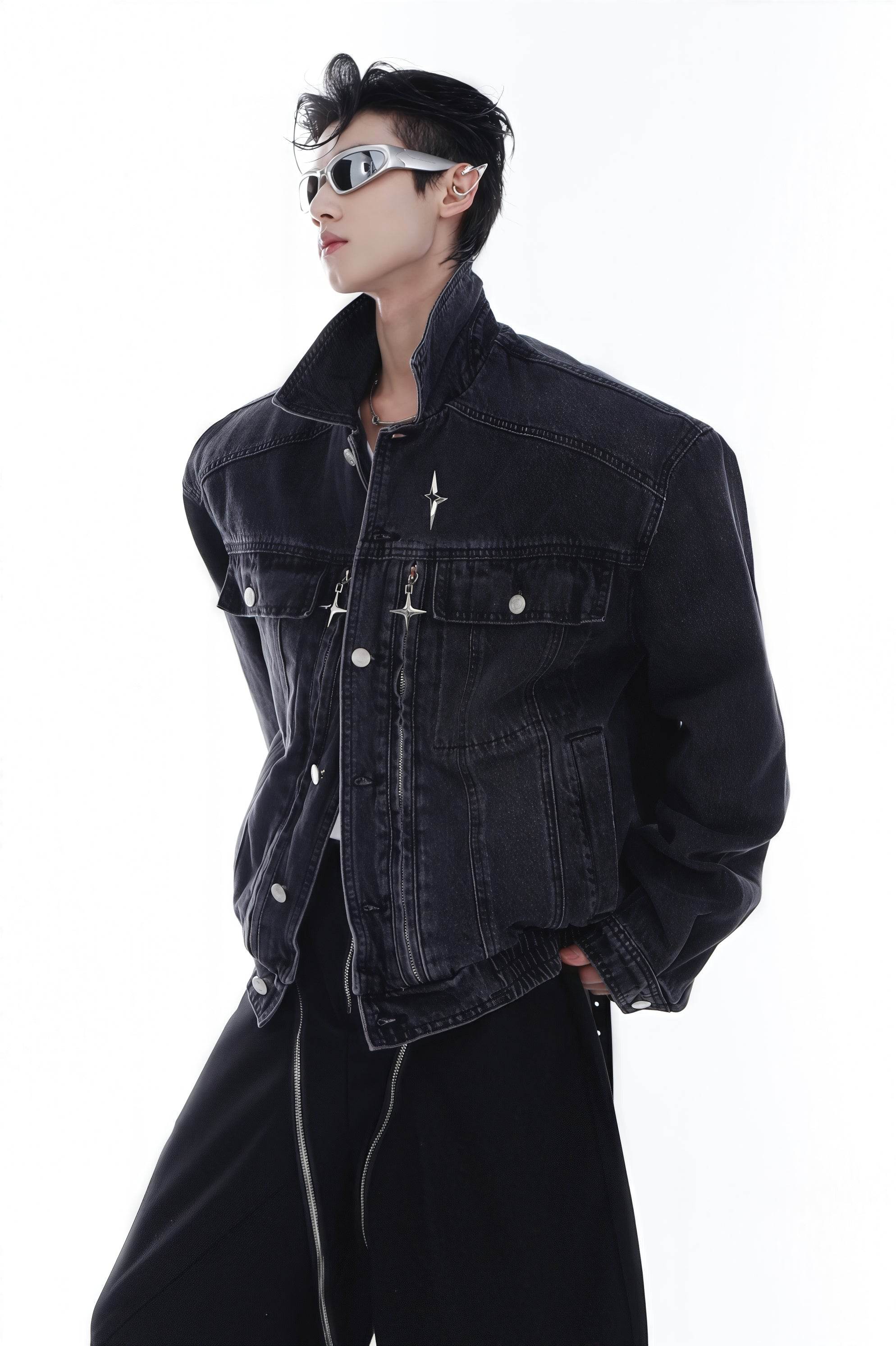 Heavyweight Denim Jacket - Washed Shoulder Pads & Metal Zipper Design - 5SION