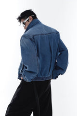 Heavyweight Denim Jacket - Washed Shoulder Pads & Metal Zipper Design - 5SION