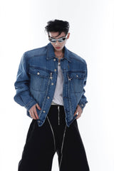 Heavyweight Denim Jacket - Washed Shoulder Pads & Metal Zipper Design - 5SION