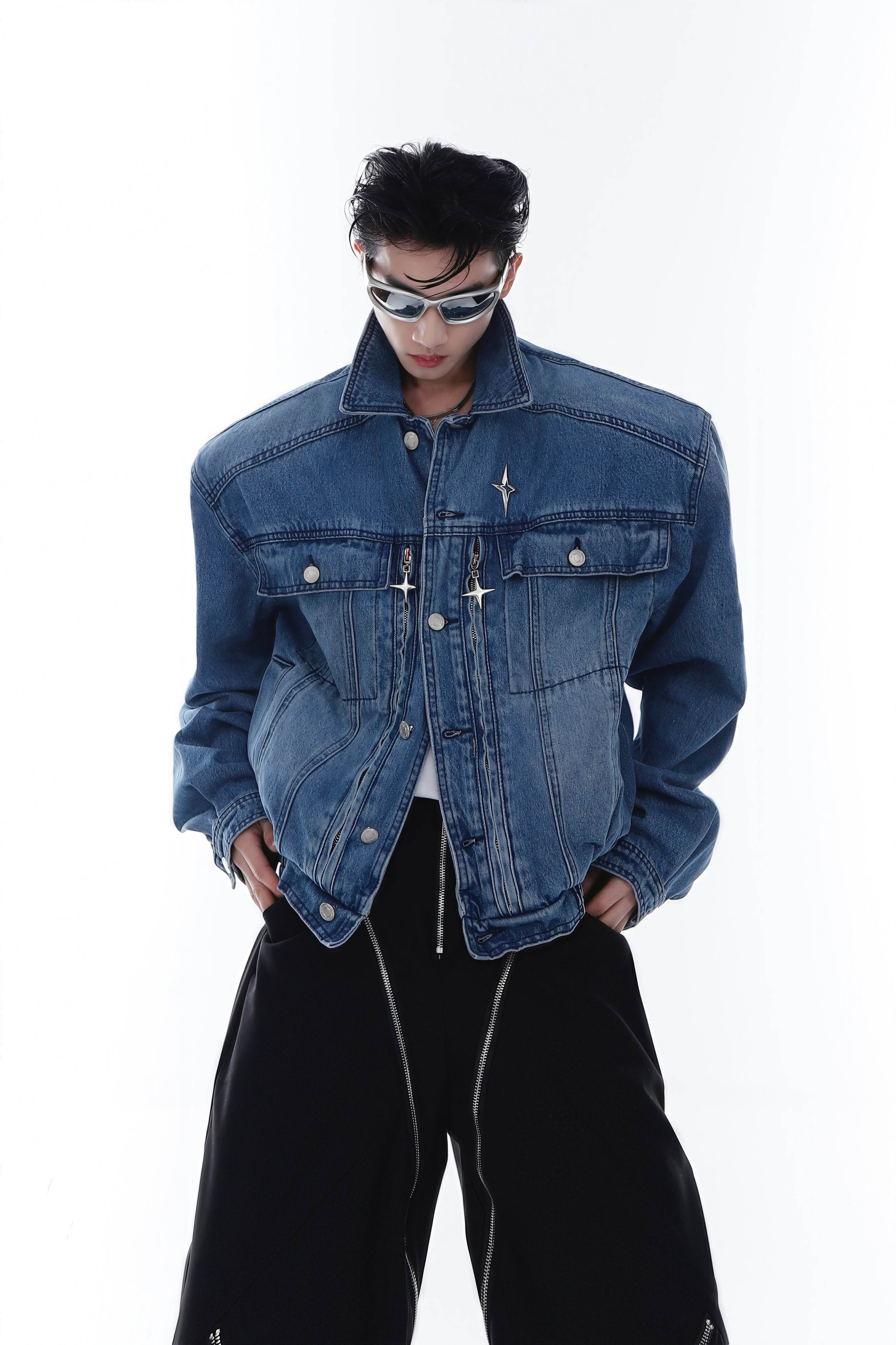 Heavyweight Denim Jacket - Washed Shoulder Pads & Metal Zipper Design - 5SION