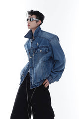 Heavyweight Denim Jacket - Washed Shoulder Pads & Metal Zipper Design - 5SION