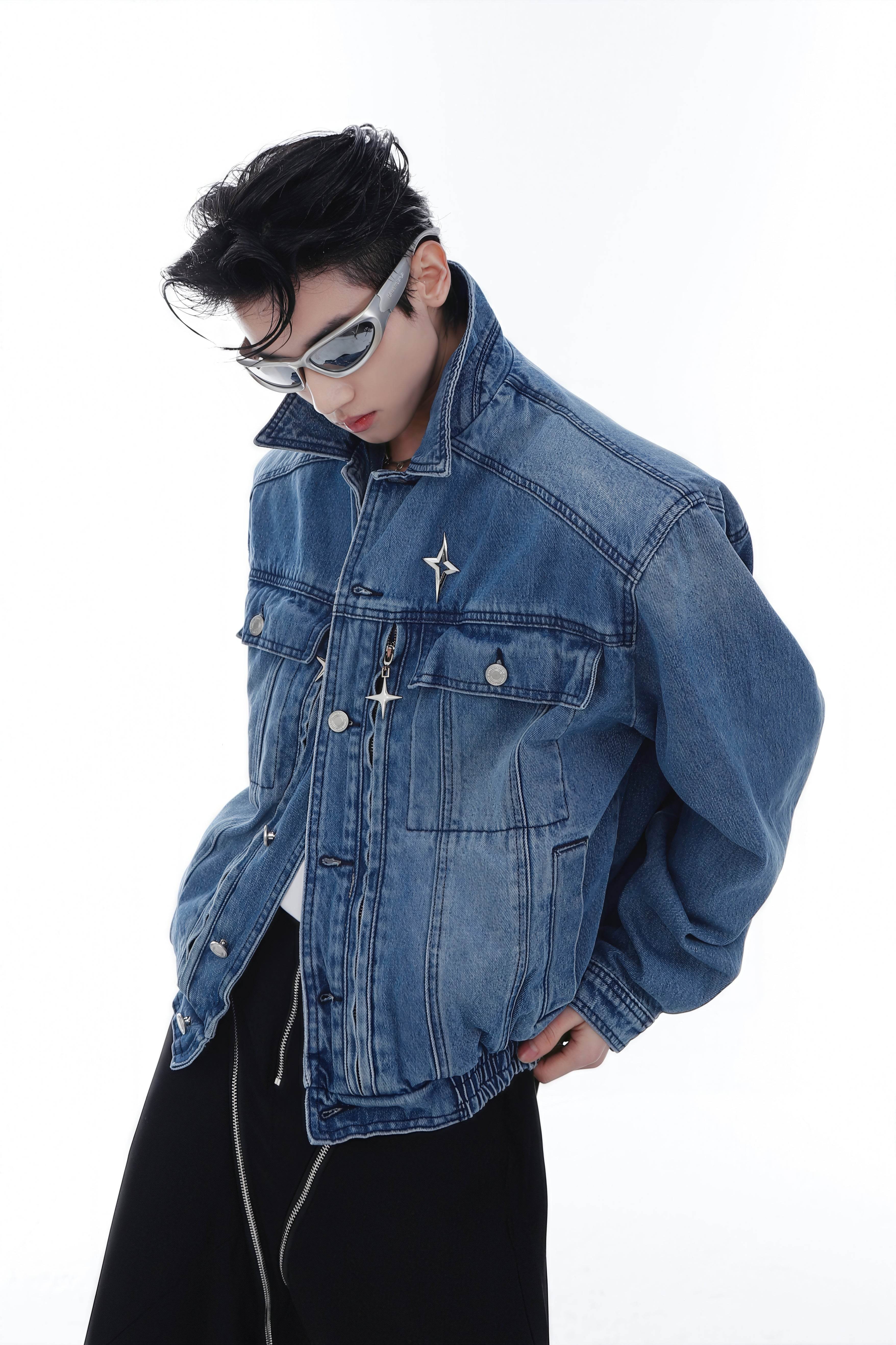 Heavyweight Denim Jacket - Washed Shoulder Pads & Metal Zipper Design - 5SION