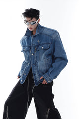 Heavyweight Denim Jacket - Washed Shoulder Pads & Metal Zipper Design - 5SION