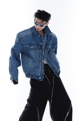 Heavyweight Denim Jacket - Washed Shoulder Pads & Metal Zipper Design - 5SION