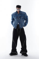 Heavyweight Denim Jacket - Washed Shoulder Pads & Metal Zipper Design - 5SION