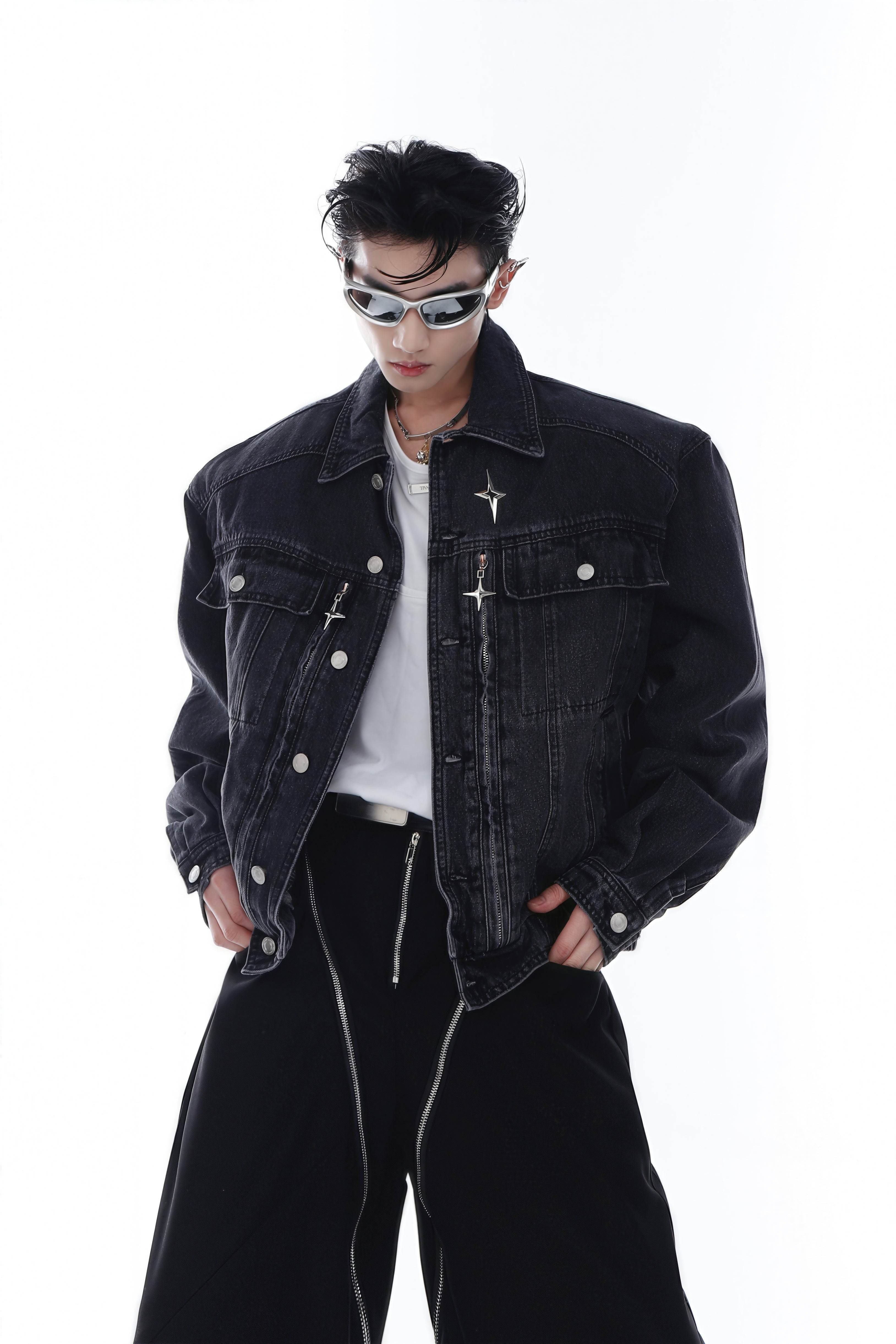 Heavyweight Denim Jacket - Washed Shoulder Pads & Metal Zipper Design - 5SION