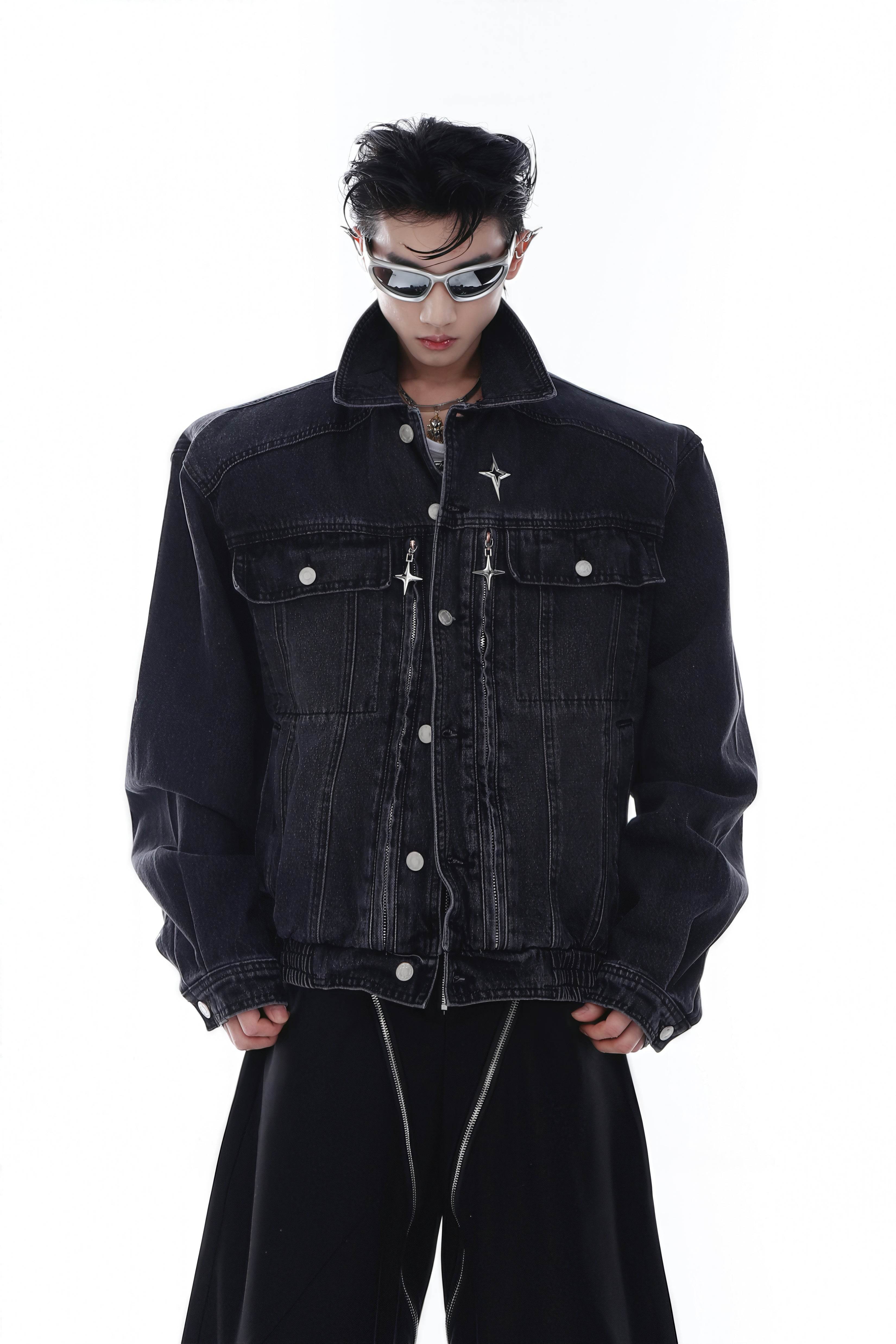 Heavyweight Denim Jacket - Washed Shoulder Pads & Metal Zipper Design - 5SION