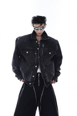 Heavyweight Denim Jacket - Washed Shoulder Pads & Metal Zipper Design - 5SION