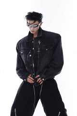 Heavyweight Denim Jacket - Washed Shoulder Pads & Metal Zipper Design - 5SION