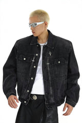 Heavyweight Denim Jacket - Washed Shoulder Pads & Metal Zipper Design - 5SION