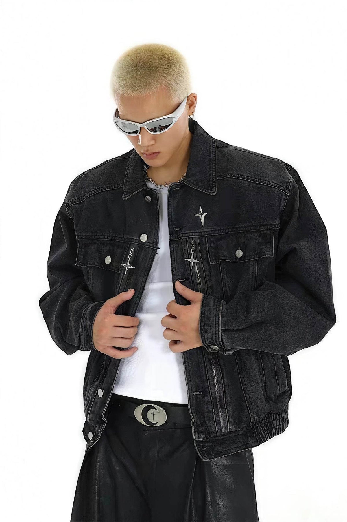 Heavyweight Denim Jacket - Washed Shoulder Pads & Metal Zipper Design - 5SION