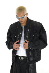 Heavyweight Denim Jacket - Washed Shoulder Pads & Metal Zipper Design - 5SION