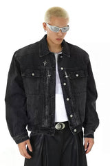 Heavyweight Denim Jacket - Washed Shoulder Pads & Metal Zipper Design - 5SION