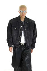 Heavyweight Denim Jacket - Washed Shoulder Pads & Metal Zipper Design - 5SION