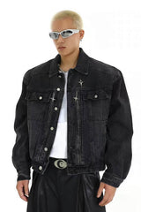 Heavyweight Denim Jacket - Washed Shoulder Pads & Metal Zipper Design - 5SION