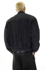 Heavyweight Denim Jacket - Washed Shoulder Pads & Metal Zipper Design - 5SION