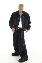 Heavyweight Denim Jacket - Washed Shoulder Pads & Metal Zipper Design - 5SION