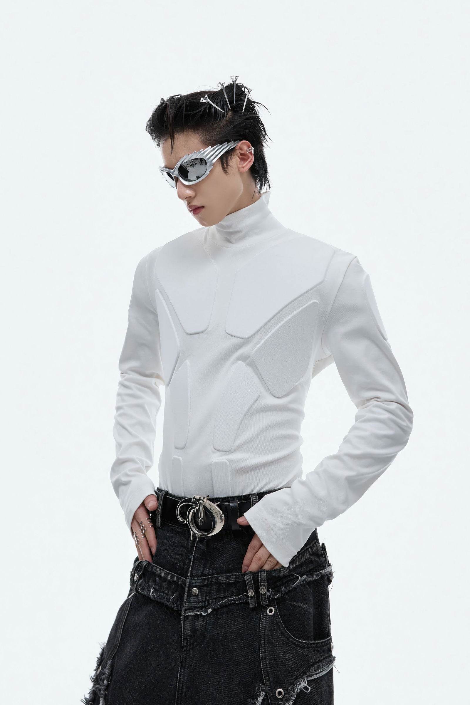 Heavy-Duty Armor-Inspired Black High Neck Long Sleeve Top - Slim Fit & Versatile - 5SION