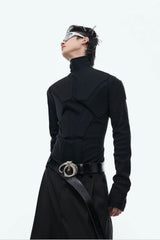 Heavy-Duty Armor-Inspired Black High Neck Long Sleeve Top - Slim Fit & Versatile - 5SION