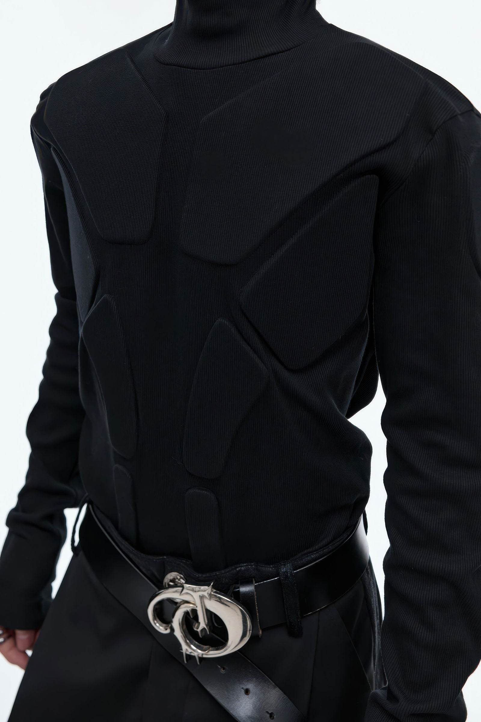 Heavy-Duty Armor-Inspired Black High Neck Long Sleeve Top - Slim Fit & Versatile - 5SION