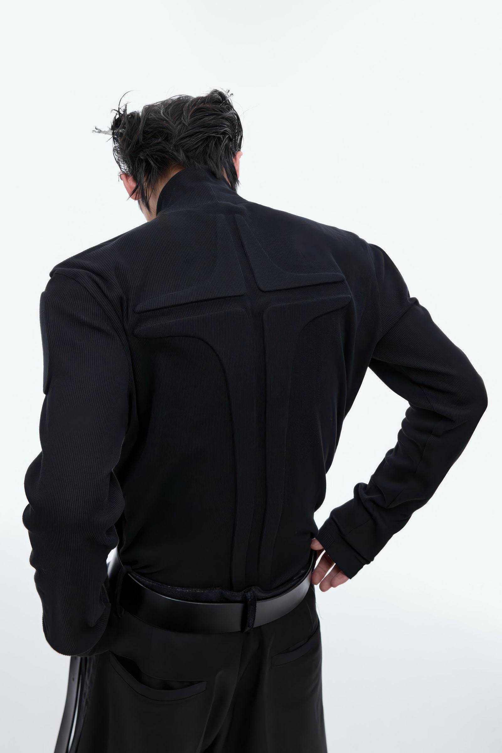 Heavy-Duty Armor-Inspired Black High Neck Long Sleeve Top - Slim Fit & Versatile - 5SION
