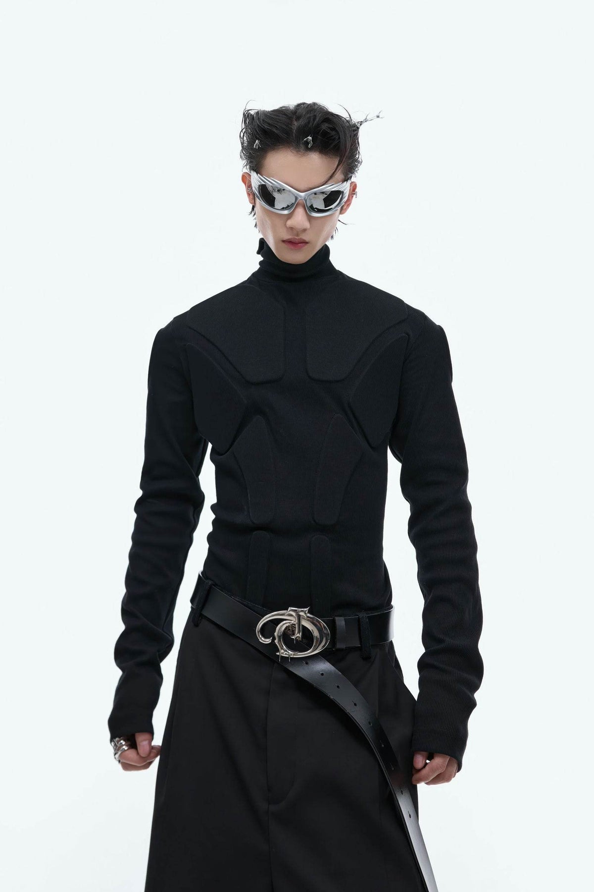 Heavy-Duty Armor-Inspired Black High Neck Long Sleeve Top - Slim Fit & Versatile - 5SION