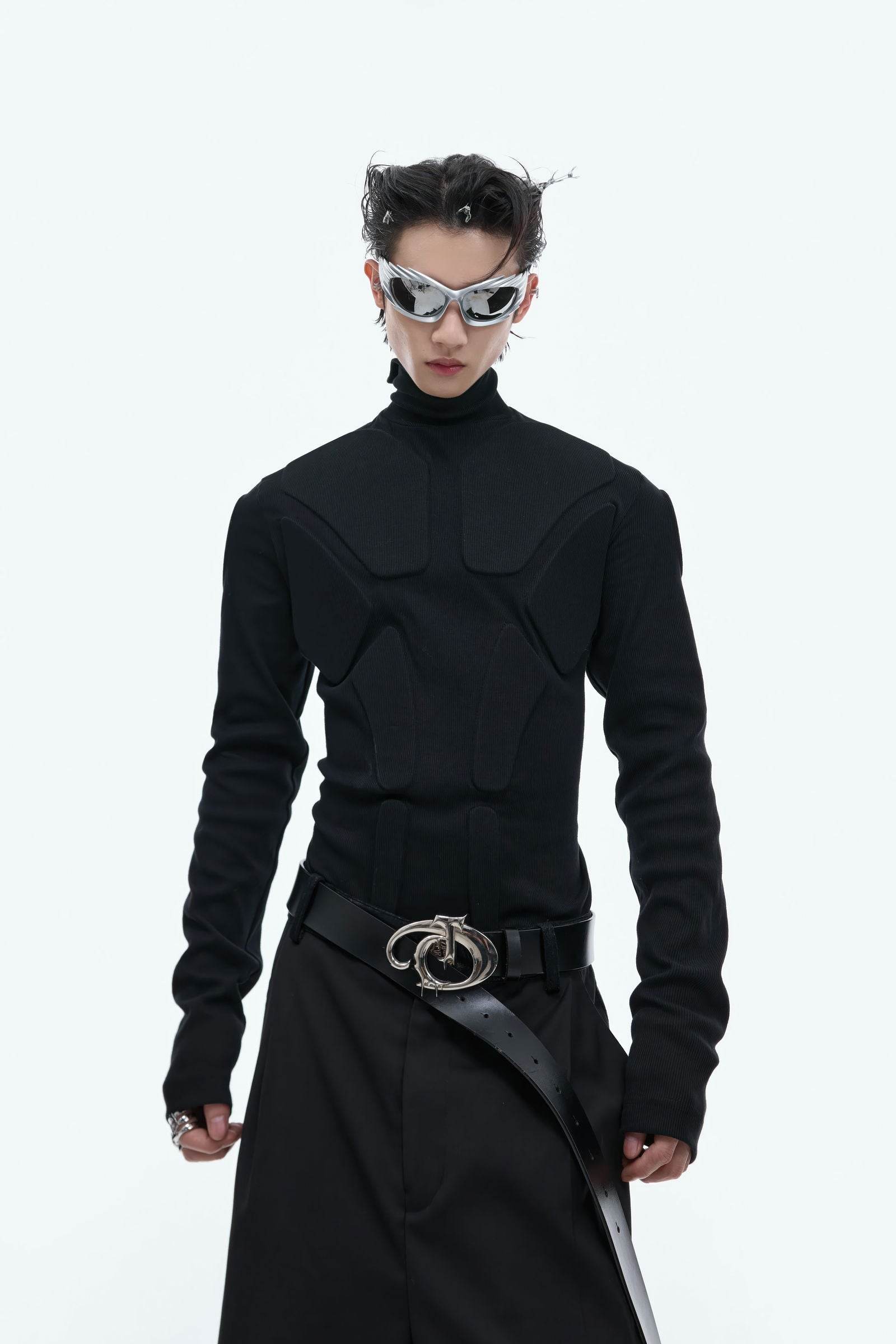 Heavy-Duty Armor-Inspired Black High Neck Long Sleeve Top - Slim Fit & Versatile - 5SION
